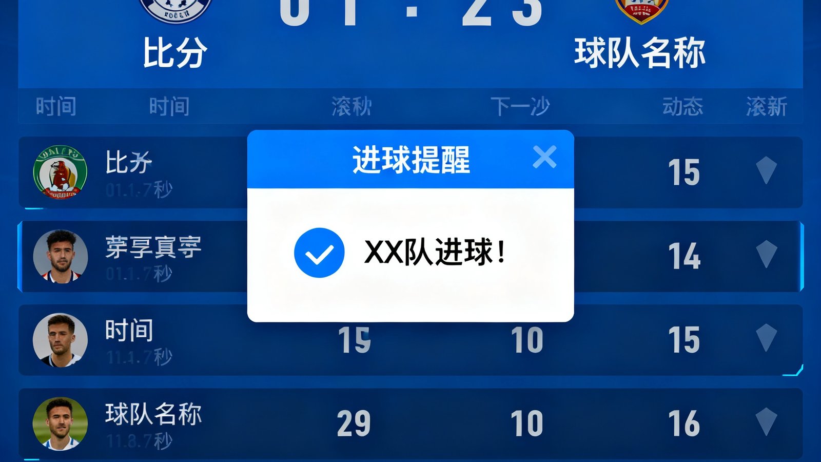 实时比分面板，进球弹窗提醒，滚动更新每15秒刷新一次